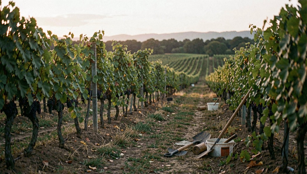 Eine einzelne Rebzeile führt im späten Abendlicht durch einen grünen Weinberg, Werkzeuge liegen am Weg