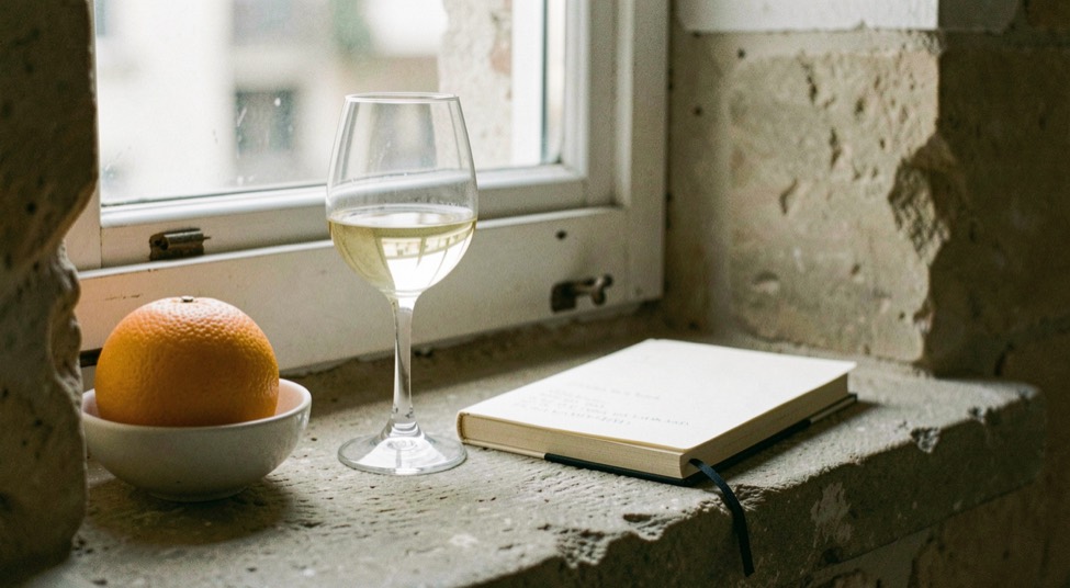 Ein helles Rieslingglas steht neben einer Zitrusschale und einem Notizbuch auf einem steinernen Fensterbrett