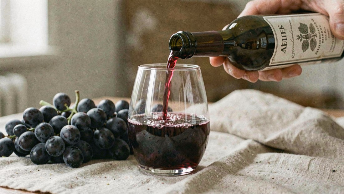 Rotwein fliesst aus einer schlanken Flasche in ein Glas, dahinter liegen dunkle Trauben auf Leinen
