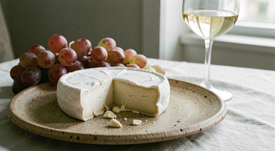 Ein angeschnittenes Stück Rohmilchkäse liegt neben Trauben und einem hellen Wein auf einer groben Keramikplatte