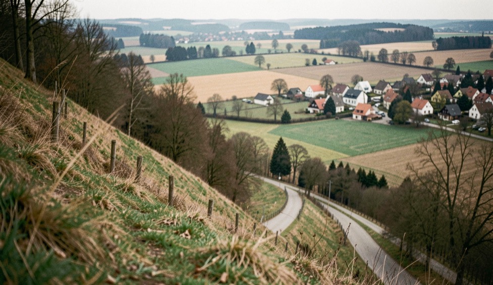 Rebzeilen ziehen sich über einen württembergischen Hang, im Hintergrund liegen Felder und ein stilles Dorf