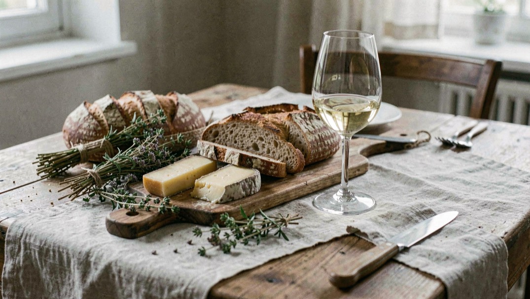 Ein gedeckter Holztisch verbindet Brot, Käse, Kräuter und ein Glas hellen Wein im seitlichen Tageslicht